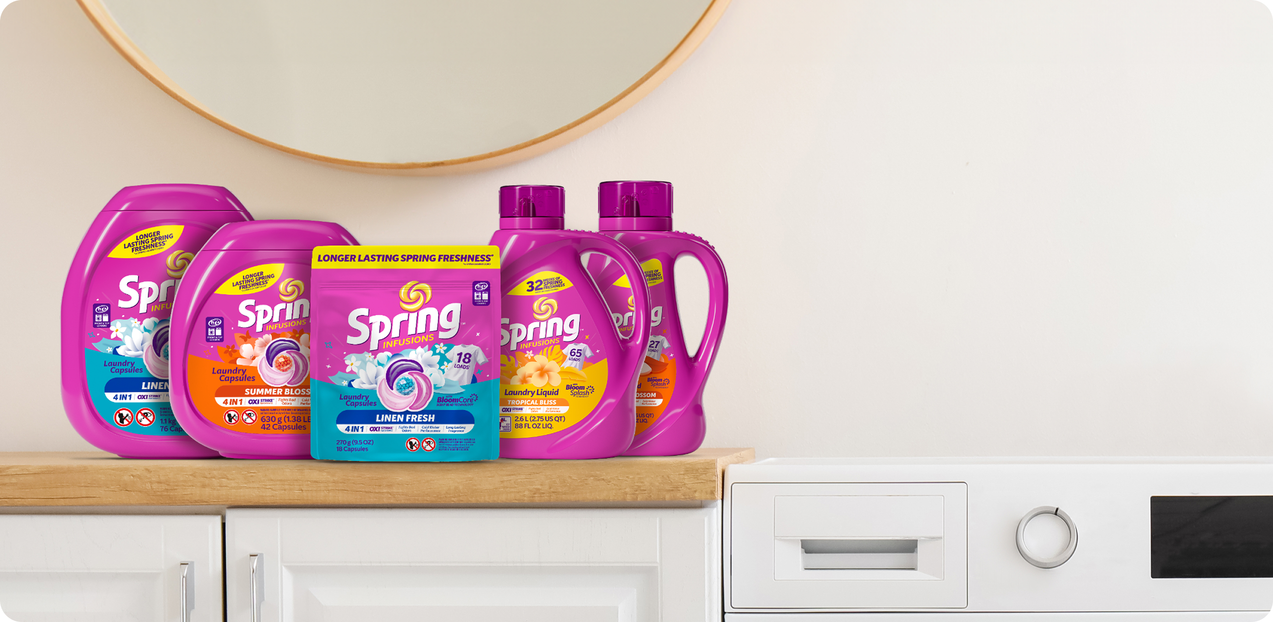 Image of the Spring line of laundry products, sitting on a laundry room countertop